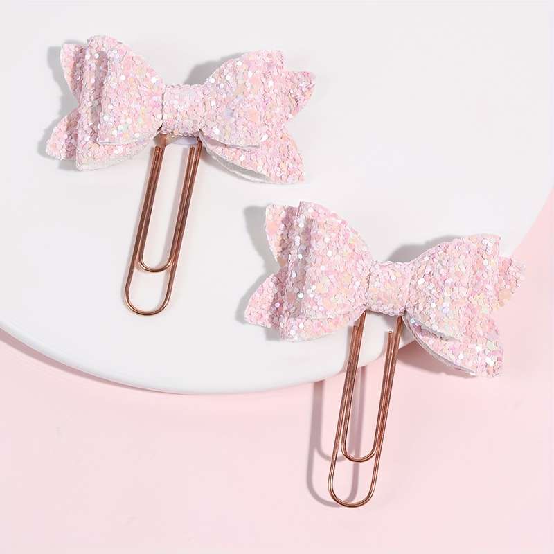 2pcs Sparkling Pink Glitter Bow Paper Clips