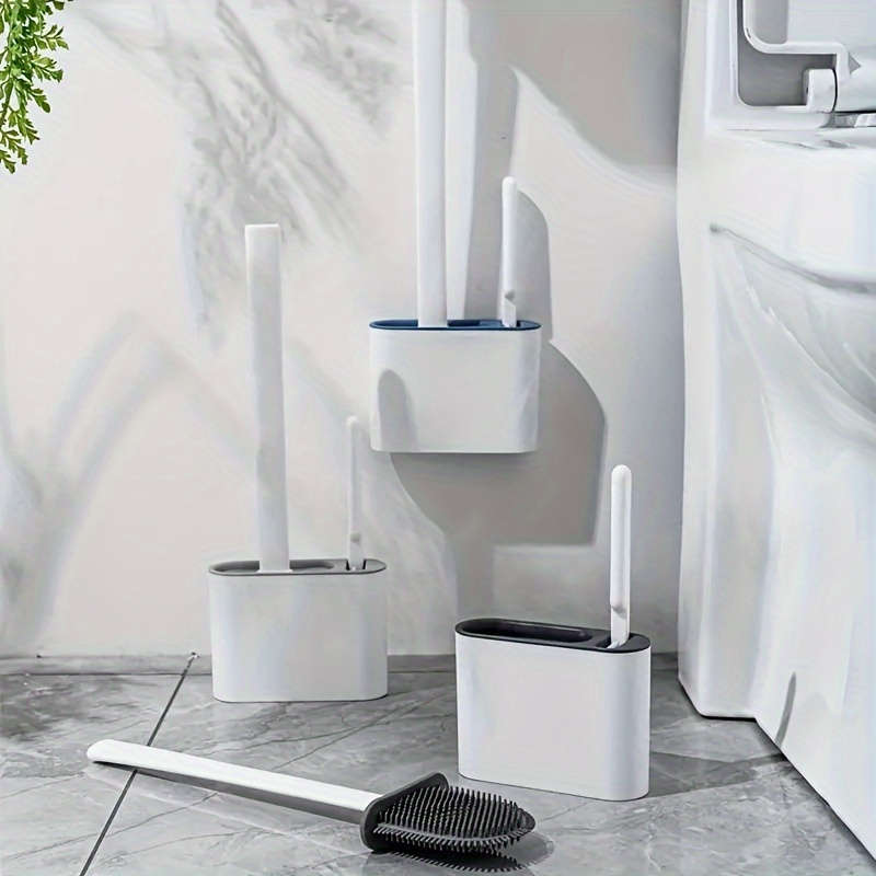 Wall-mounted toilet brush set, silicone head bathroom cleaning kit, ergonomic design, comes with 2 b