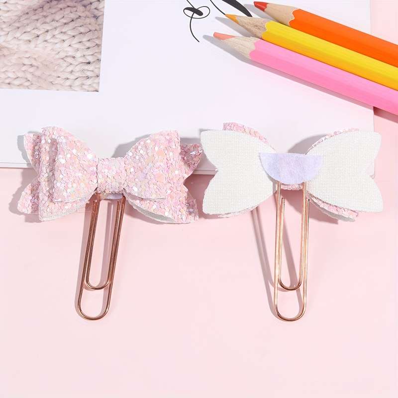 2pcs Sparkling Pink Glitter Bow Paper Clips