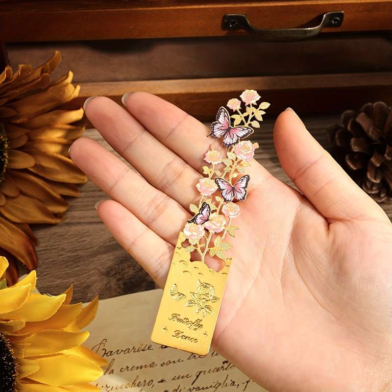 1 Piece Vintage Pink Rose Butterfly Metal Bookmark