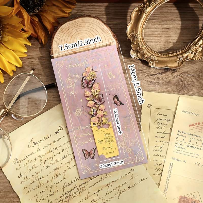 1 Piece Vintage Pink Rose Butterfly Metal Bookmark