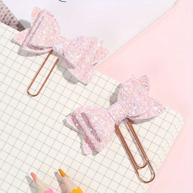 2pcs Sparkling Pink Glitter Bow Paper Clips