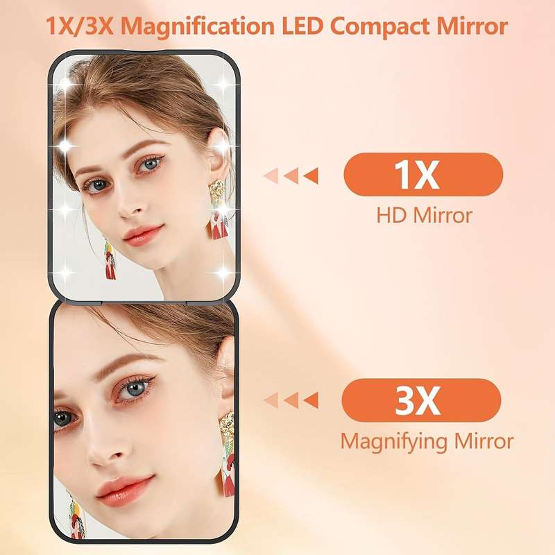 Pocket Makeup Mirror, 1X/3X Magnification LED
