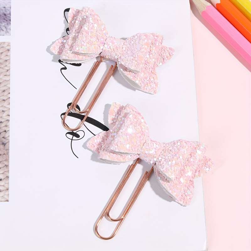 2pcs Sparkling Pink Glitter Bow Paper Clips