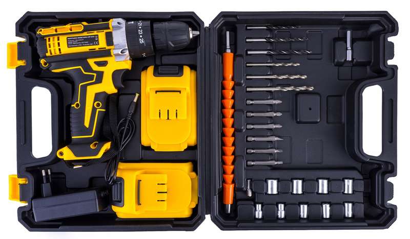 26 Pc Wireless Impact Drill Set With 2 Lithium Battery Packs, Case