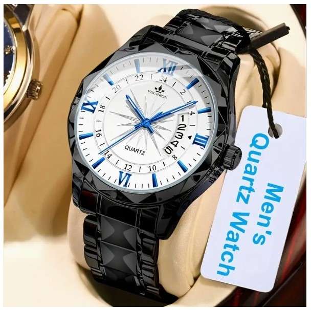 Fourron Quarts Watch for Men Black Strap with Blue Hands