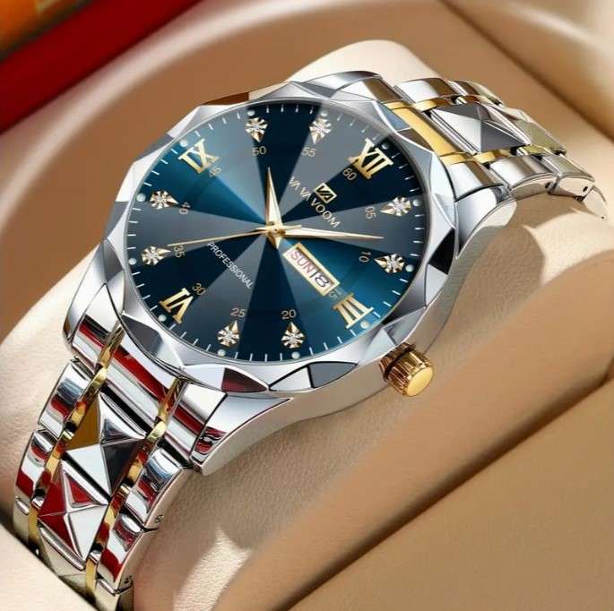 Va Va Voom Business Style Rhinestone Rivet Quarts Watch (Silver-Gold-Blue)