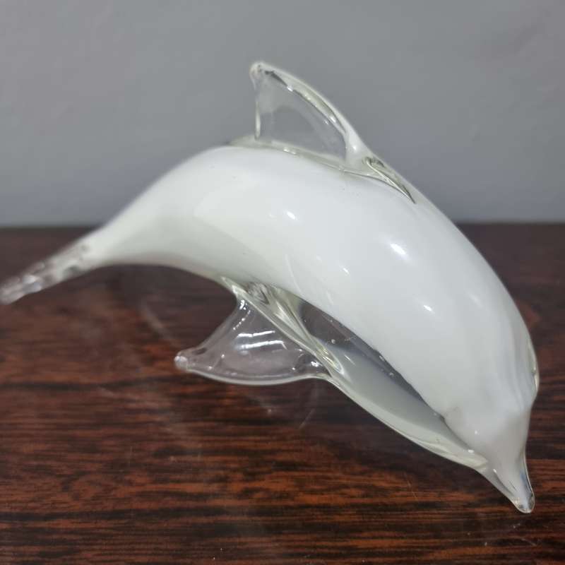 Vintage White And Clear Murano  Art Glass Dolphin Figurine