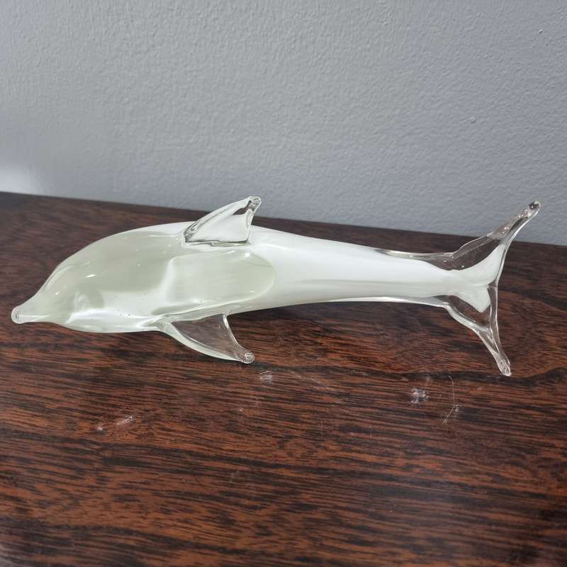 Vintage White And Clear Murano  Art Glass Dolphin Figurine