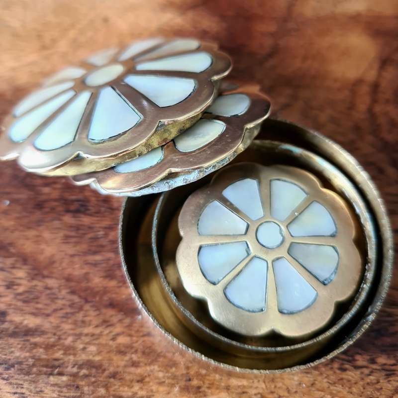 Vintage 3 small Brass mother of pearl ring/trinket boxes