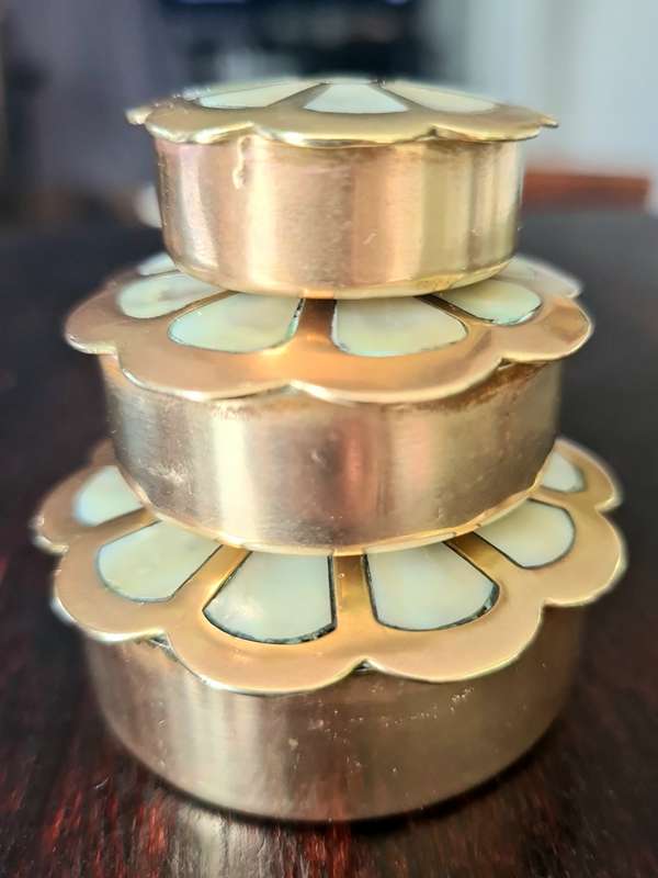 Vintage 3 small Brass mother of pearl ring/trinket boxes