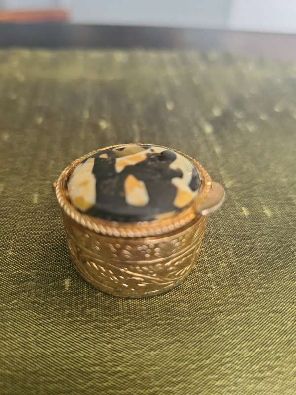 Beautiful little brass pill box with  porcelain  inlay