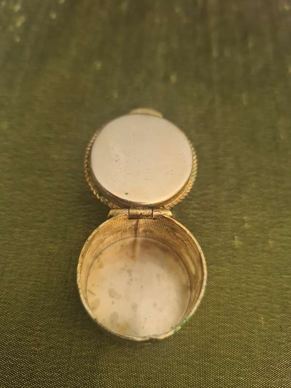 Beautiful little brass pill box with  porcelain  inlay