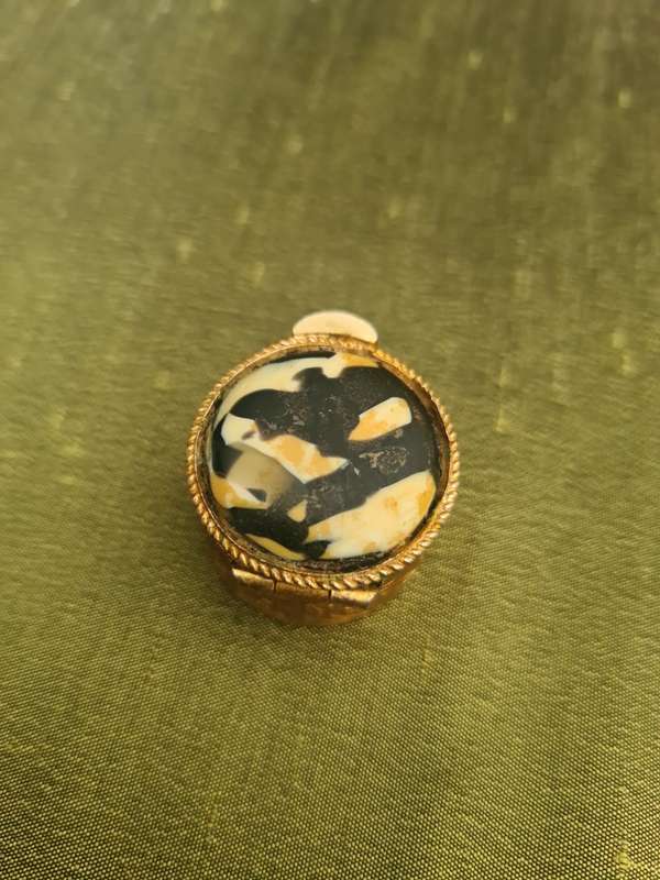 Beautiful little brass pill box with  porcelain  inlay