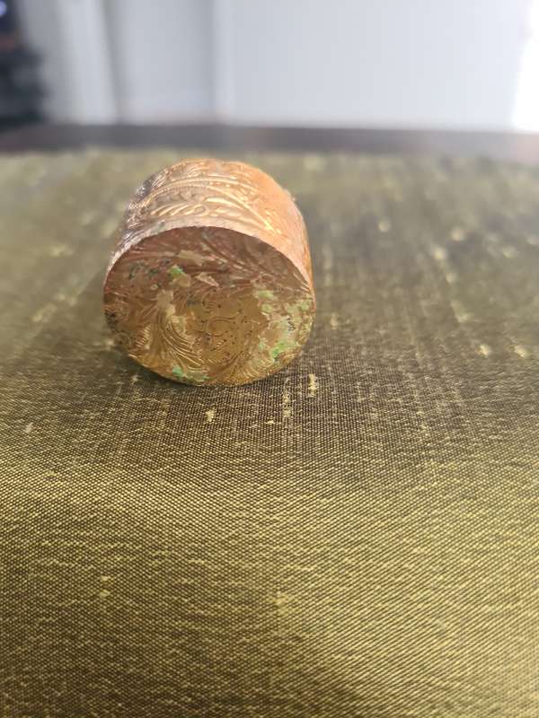 Beautiful little brass pill box with  porcelain  inlay