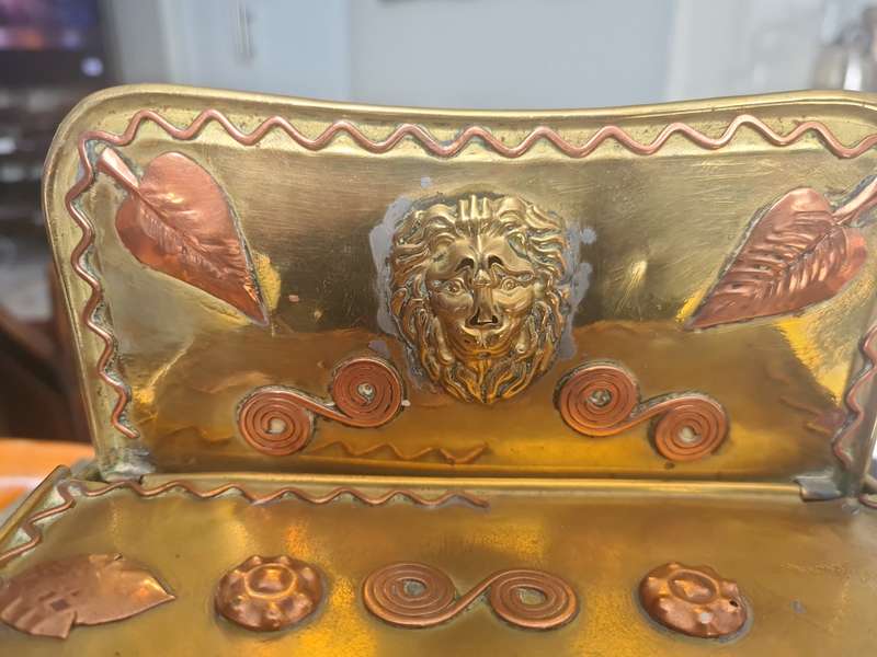 Very Rare!  Antique Fireside Candle Box Dutch Brass & Copper Gothic Lion Mask