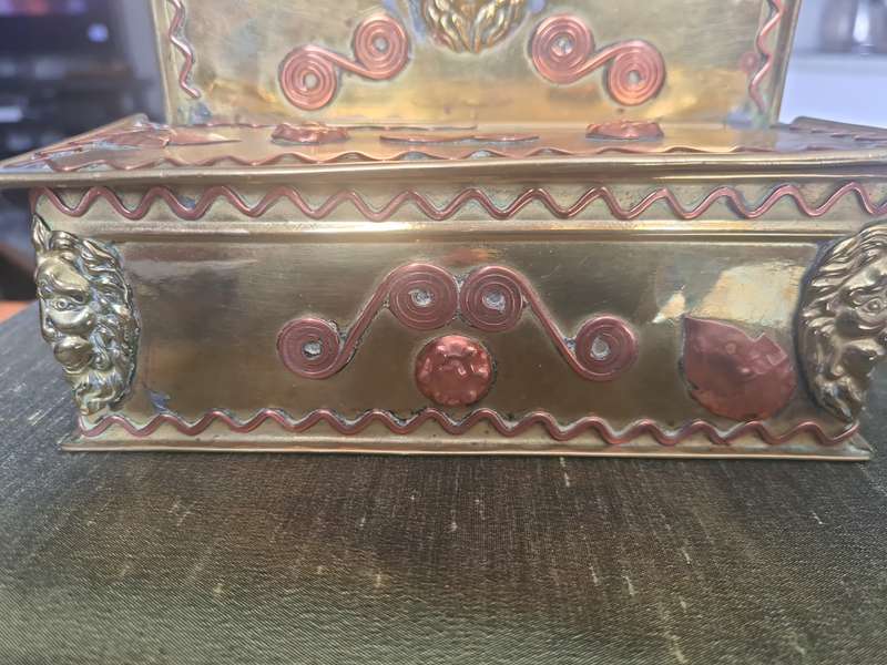 Very Rare!  Antique Fireside Candle Box Dutch Brass & Copper Gothic Lion Mask
