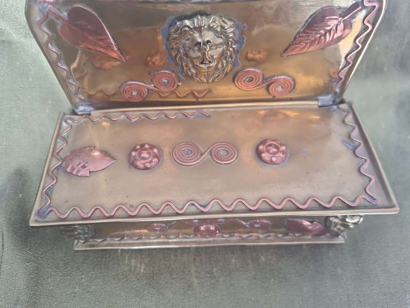 Very Rare!  Antique Fireside Candle Box Dutch Brass & Copper Gothic Lion Mask
