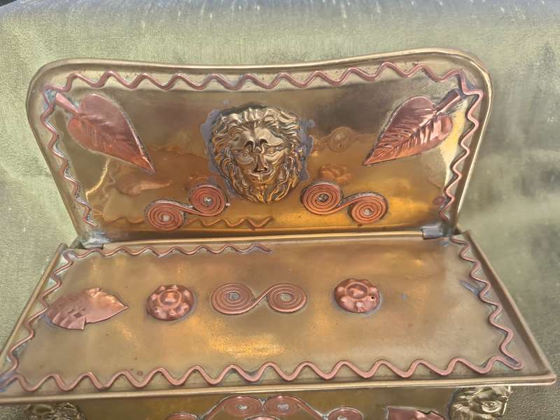 Very Rare!  Antique Fireside Candle Box Dutch Brass & Copper Gothic Lion Mask