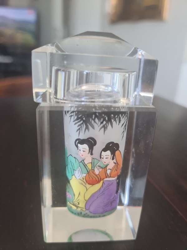 High quality vintage Chinese reverse hand painted figural glass crystal Container