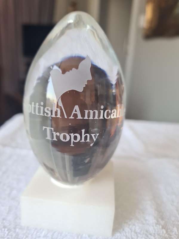 Glass Paper Weight on Marble stand - engraved Scottish Amicable  Trophy