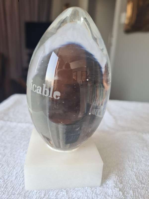 Glass Paper Weight on Marble stand - engraved Scottish Amicable  Trophy