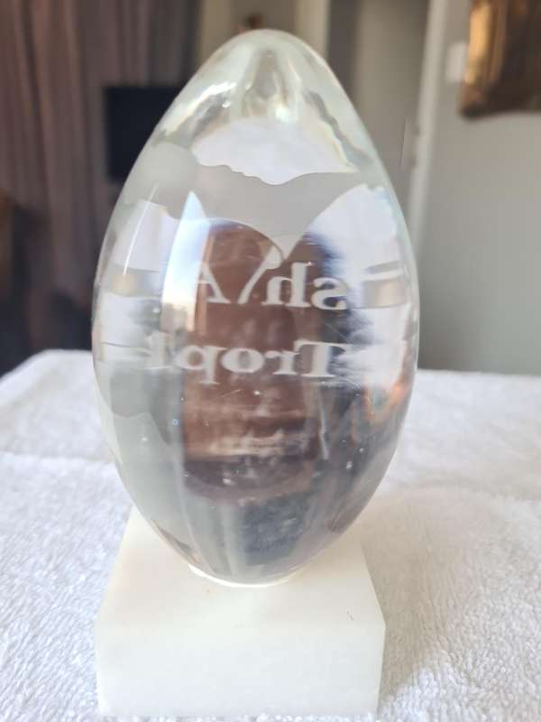 Glass Paper Weight on Marble stand - engraved Scottish Amicable  Trophy