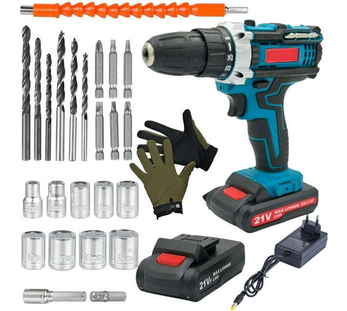 29 Pc Wireless Impact Drill Set With Drill Bits, Safety Gloves & Carry Case
