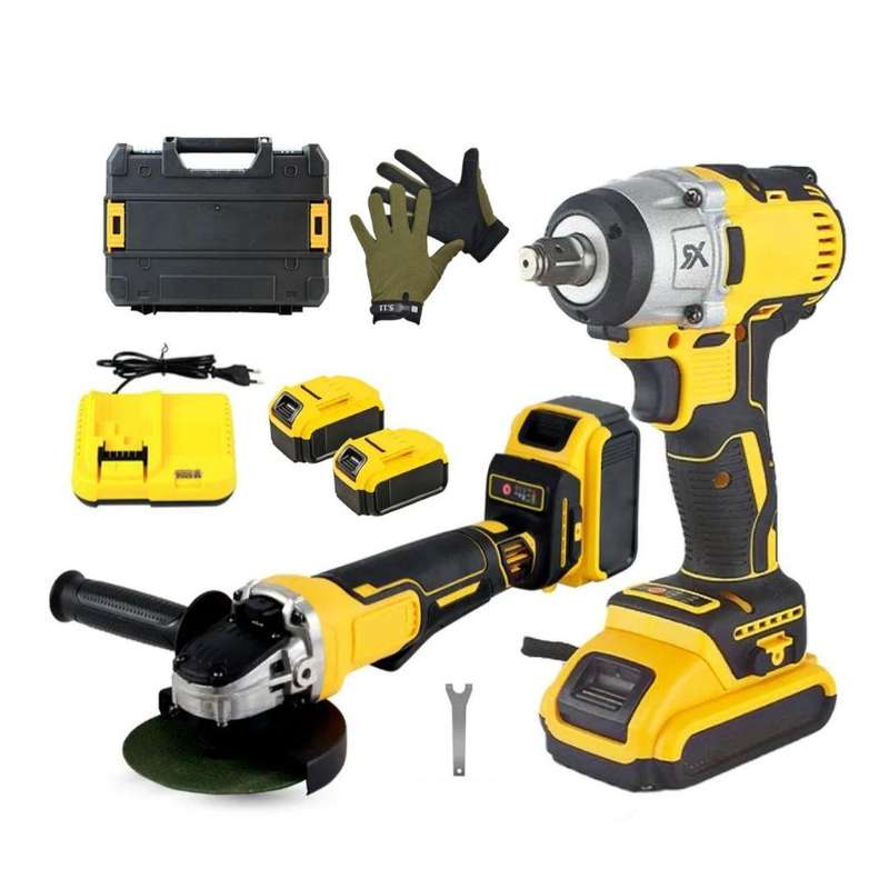 2 Piece Cordless Angle Grinder & Impact Torque Wrench 2 Batteries & Gloves