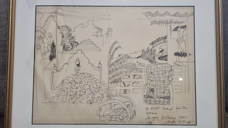 Andre Naude.  Original Drawing. 88 Kloof Road from the terrace. Signed and inscribed. Framed.