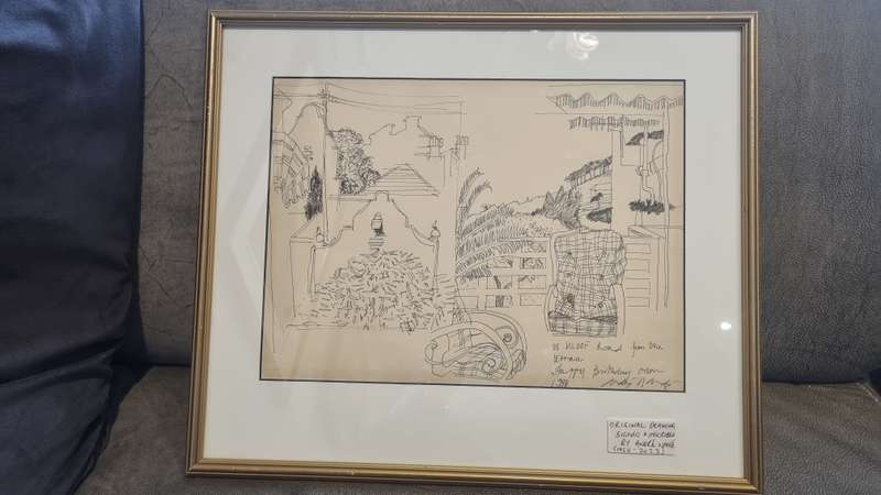 Andre Naude.  Original Drawing. 88 Kloof Road from the terrace. Signed and inscribed. Framed.