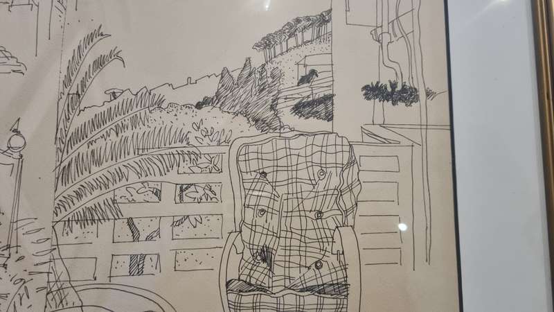 Andre Naude.  Original Drawing. 88 Kloof Road from the terrace. Signed and inscribed. Framed.