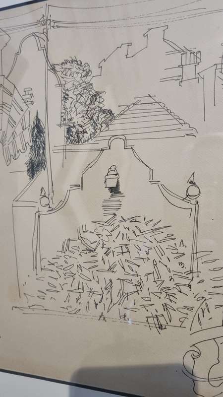Andre Naude.  Original Drawing. 88 Kloof Road from the terrace. Signed and inscribed. Framed.