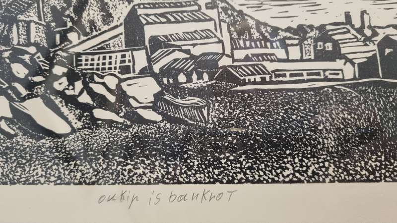 Sophie Peters. ORIGINAL LINOCUT. Oukip ( Okiep ) Is Bankrot. Hand signed and numbered 2/12.