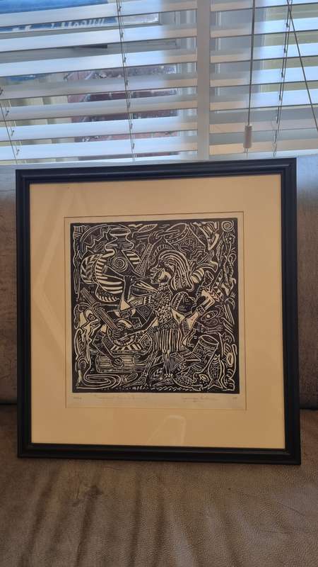 Vyamungu Christian. Original Linocut. Traditional music in Burundi.  22/50 hand numbered and signed.