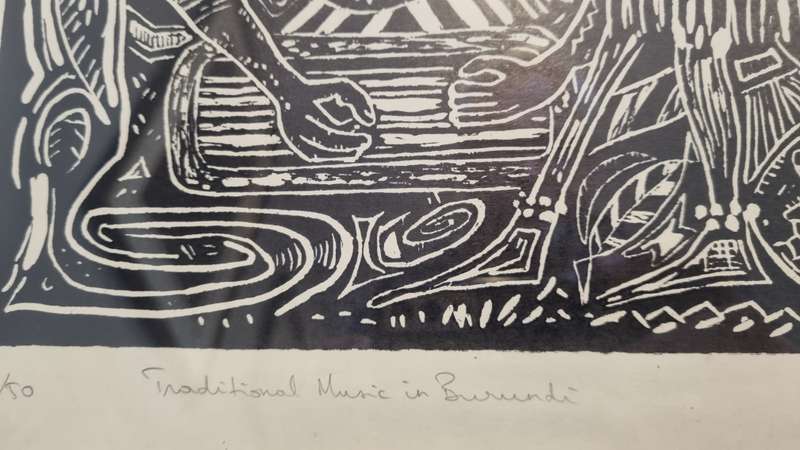 Vyamungu Christian. Original Linocut. Traditional music in Burundi.  22/50 hand numbered and signed.