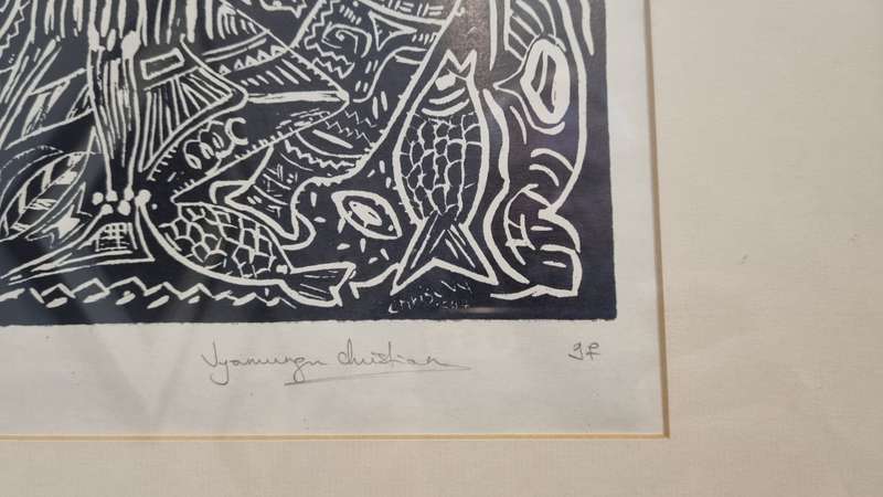 Vyamungu Christian. Original Linocut. Traditional music in Burundi.  22/50 hand numbered and signed.