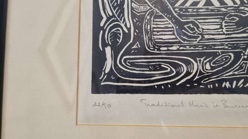 Vyamungu Christian. Original Linocut. Traditional music in Burundi.  22/50 hand numbered and signed.