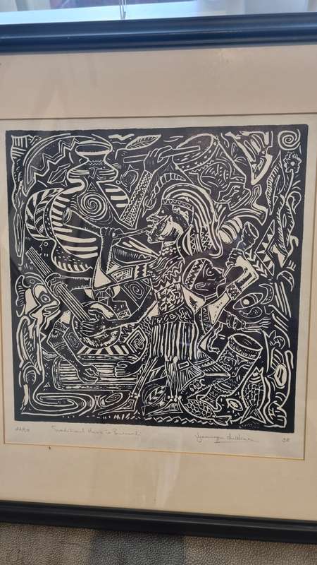 Vyamungu Christian. Original Linocut. Traditional music in Burundi.  22/50 hand numbered and signed.