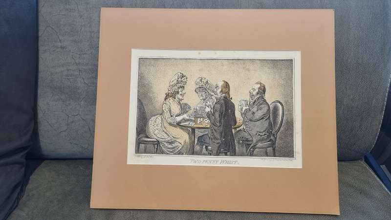 1796 copperplate engraving with hand colour. James Gillray. Two-Penny Whist. Caricature, card game.