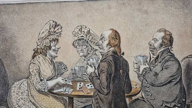 1796 copperplate engraving with hand colour. James Gillray. Two-Penny Whist. Caricature, card game.