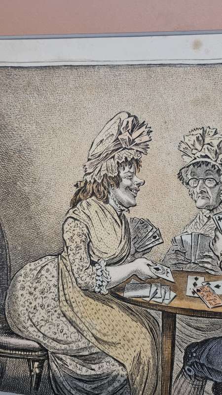 1796 copperplate engraving with hand colour. James Gillray. Two-Penny Whist. Caricature, card game.