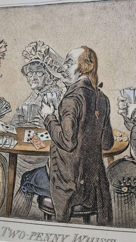 1796 copperplate engraving with hand colour. James Gillray. Two-Penny Whist. Caricature, card game.