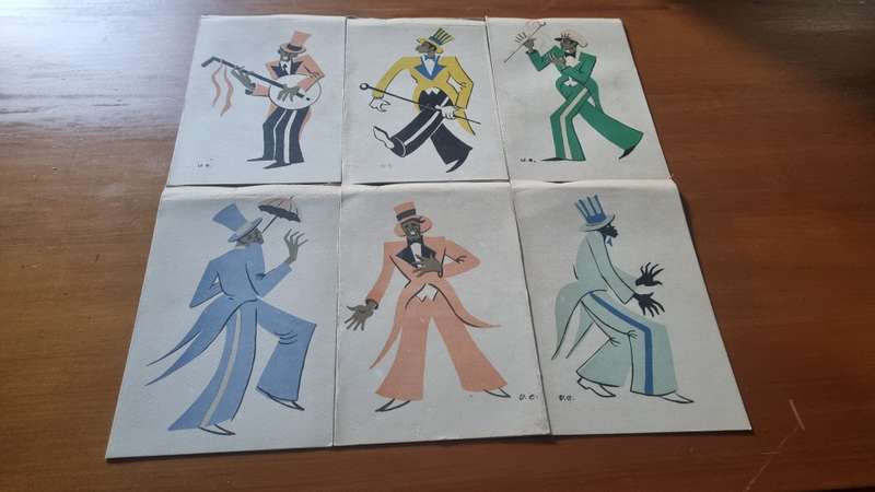 A Set of Maurice Van Essche Greetings Cards x 6.  LINOCUTS Cape Carnival Minstrels. RARE!