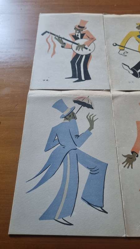 A Set of Maurice Van Essche Greetings Cards x 6.  LINOCUTS Cape Carnival Minstrels. RARE!