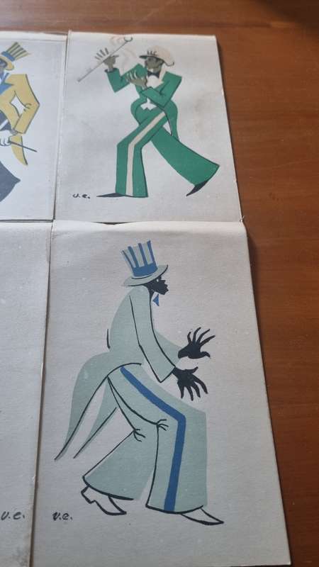 A Set of Maurice Van Essche Greetings Cards x 6.  LINOCUTS Cape Carnival Minstrels. RARE!