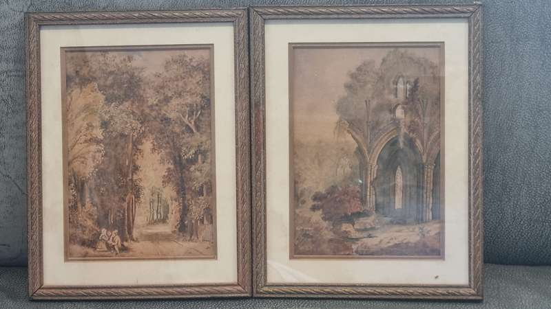A pair of original c. 1800 English Watercolours. Abbey Ruins and Forest Road with Peasant Figures.