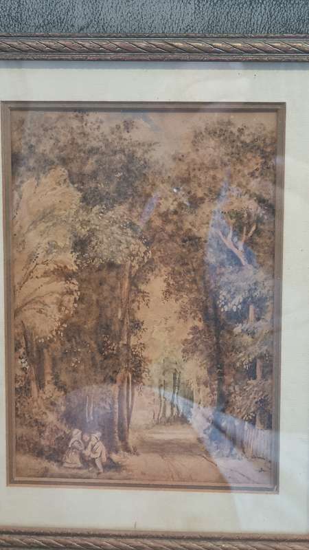 A pair of original c. 1800 English Watercolours. Abbey Ruins and Forest Road with Peasant Figures.