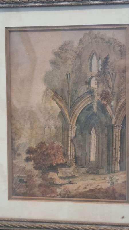 A pair of original c. 1800 English Watercolours. Abbey Ruins and Forest Road with Peasant Figures.