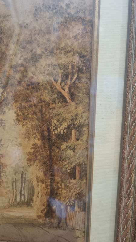 A pair of original c. 1800 English Watercolours. Abbey Ruins and Forest Road with Peasant Figures.